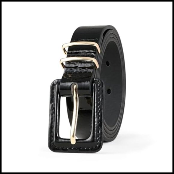 Patent Leather Belt with Square Buckle Gold Accents Adjustable Waist main image 5